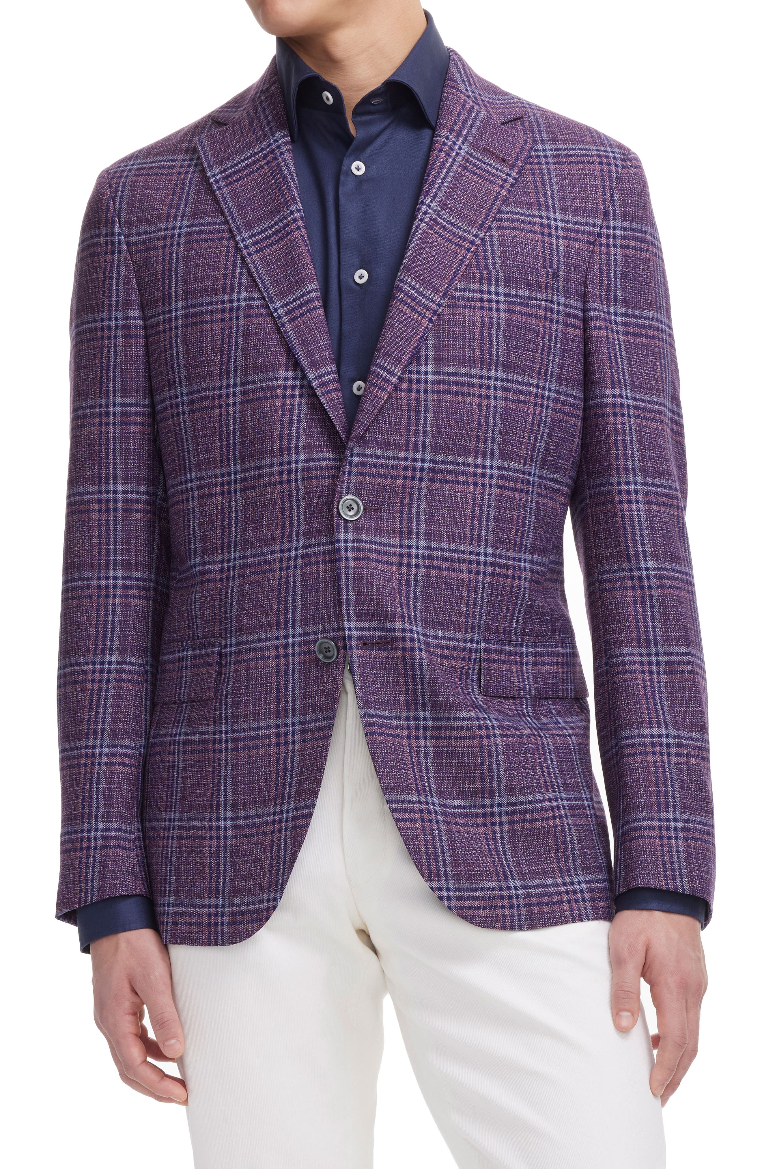 Men's Summer Plaid Blue&Beige Linen Cotton Blazer Jacket 2 Button Leisure Suit 